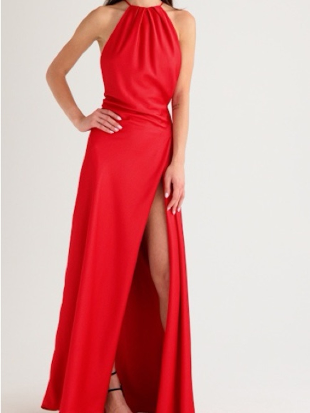 House of CB Red Halter Prom Gown with High Slit